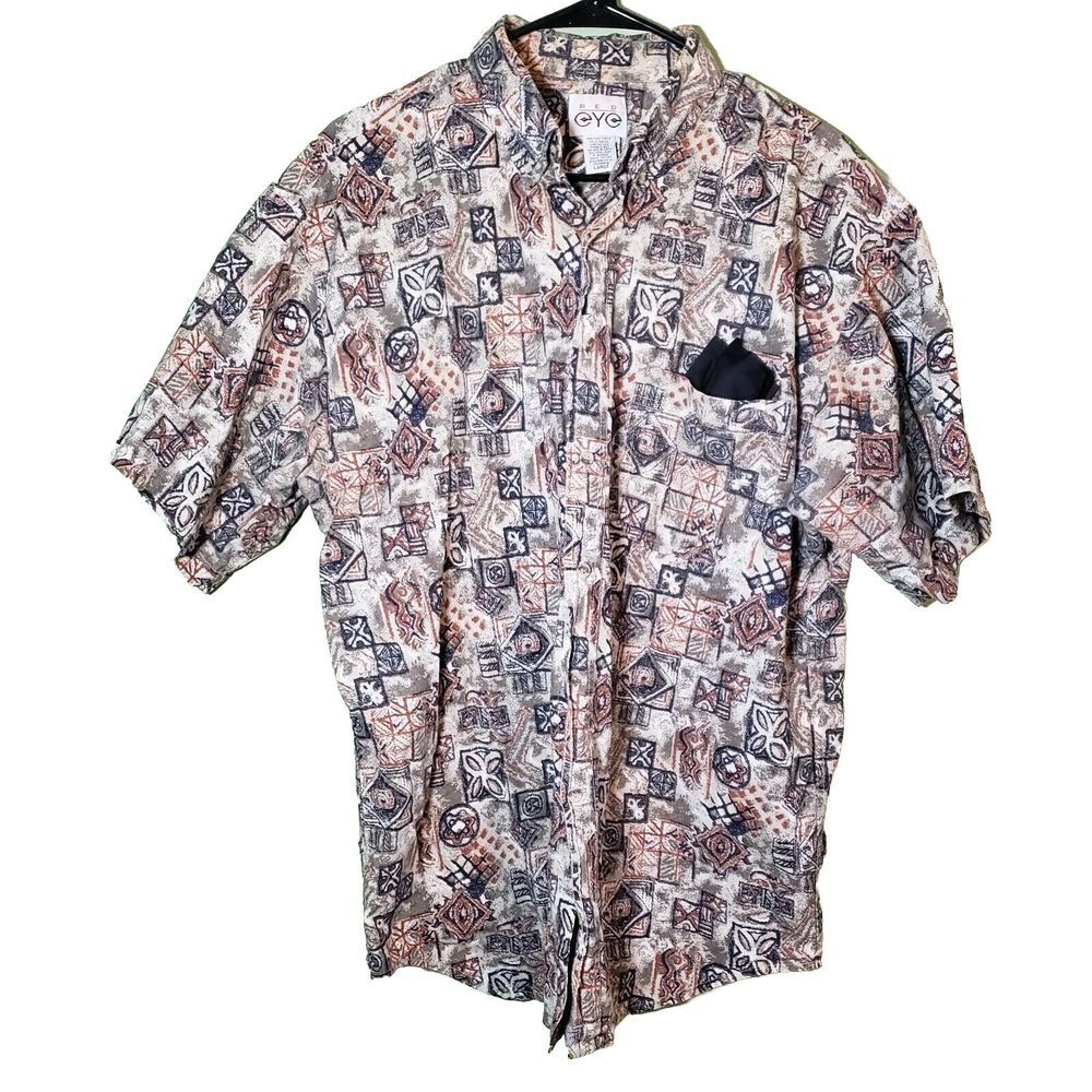 Red Eye Hawaiian‎ Casual Button Up Pocket Brown Print Mens L Shirt